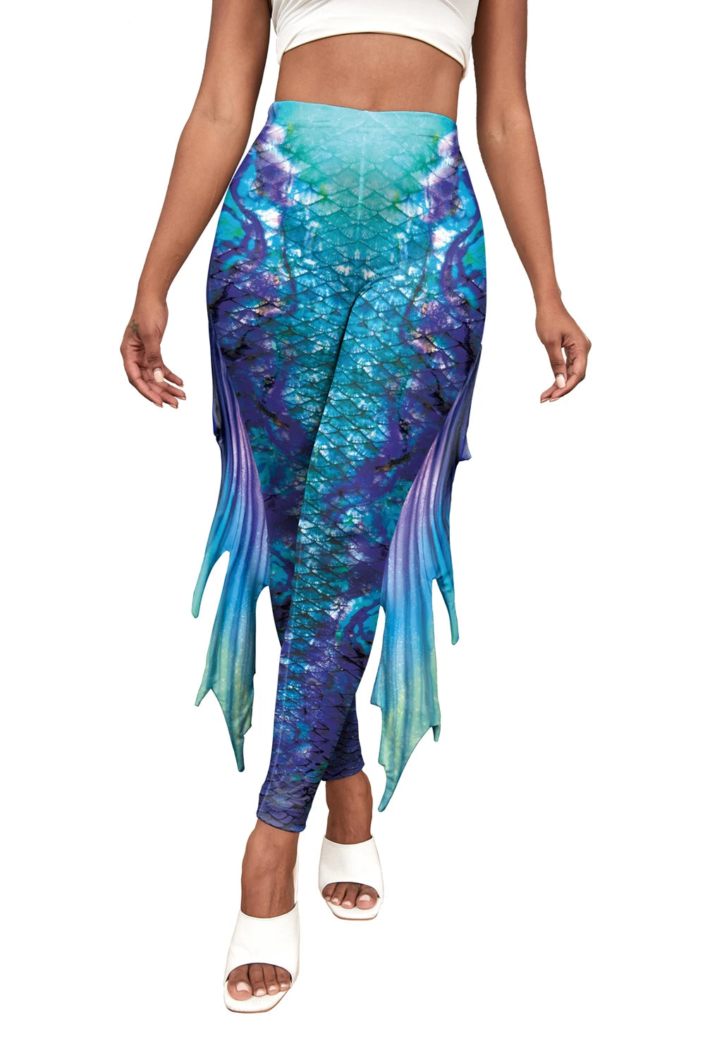 Nadanbao Colorful Mermaid Scale Print Fringe Leggings Women Fantasy Cosplay Pants Mid Waist Rave Party Tight Lady Fashion Bottom