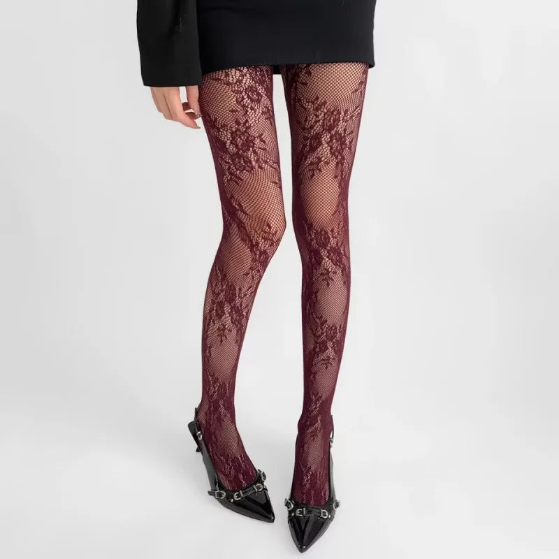 Korean Ins Hollowed Lace Mesh Stockings Women Pantyhose Hot Tights Japanese Lolita Retro Floral Rattan Long Socks Vintage Style