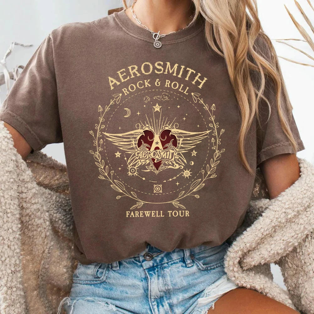 Women Vintage Dark Academic Short Sleeve Shirt Aerosmith Farewell Tour Hard Rock T Shirt Fantasy Apparel Y2K Top Streetwear