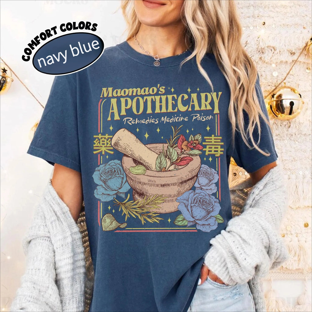 Maomao's APOTHECARY "Medicine Mound Blue Rose Retro Printed Oriental Herbal Fantasy Style" Loose Short Sleeved Women's T-shirt