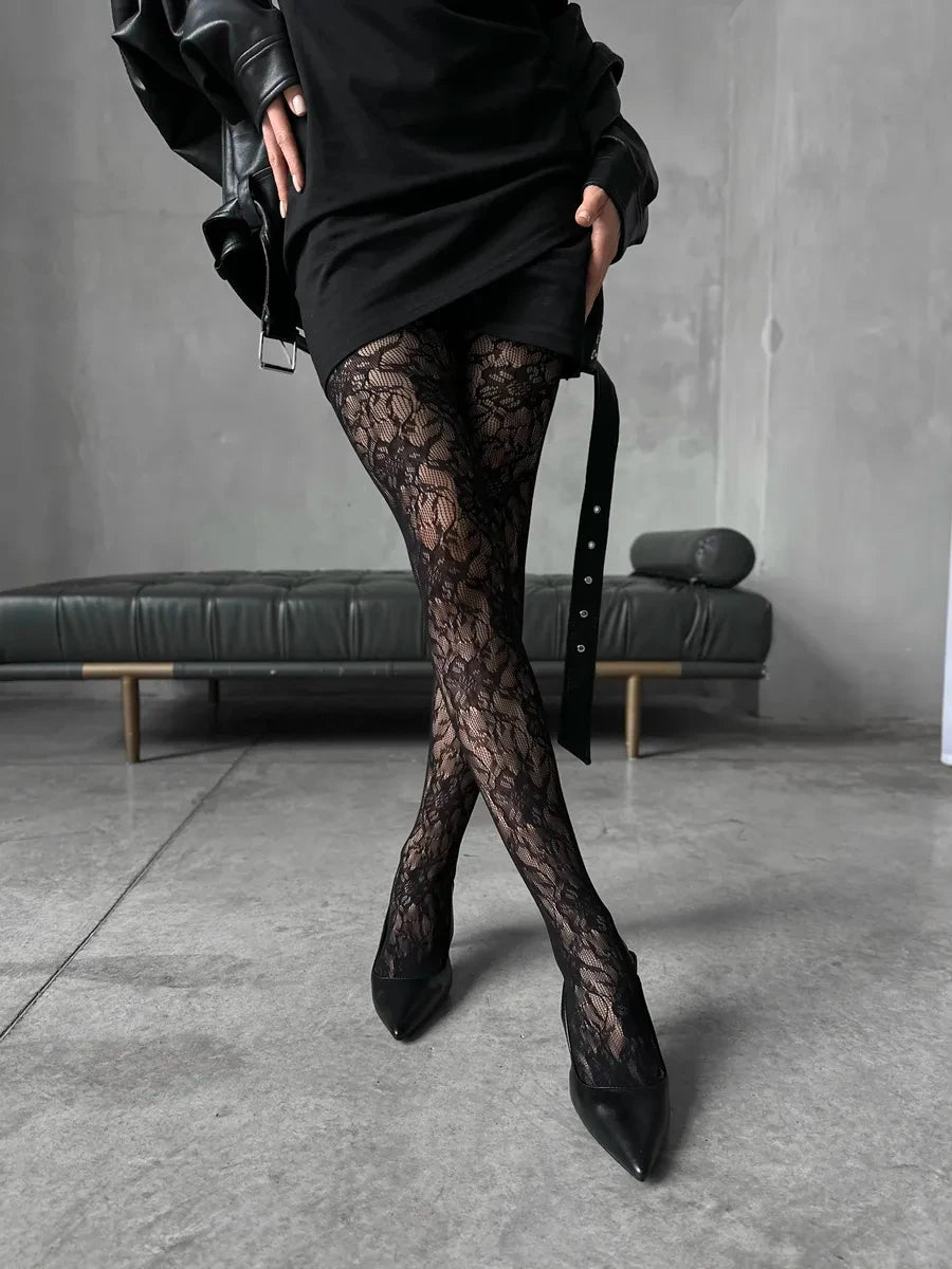 Kuwa Y2K Fashion Gothic Flower Hollow Out Sexy Pantyhose Women Fishnet Burgundy Tights High Elastic Leggings