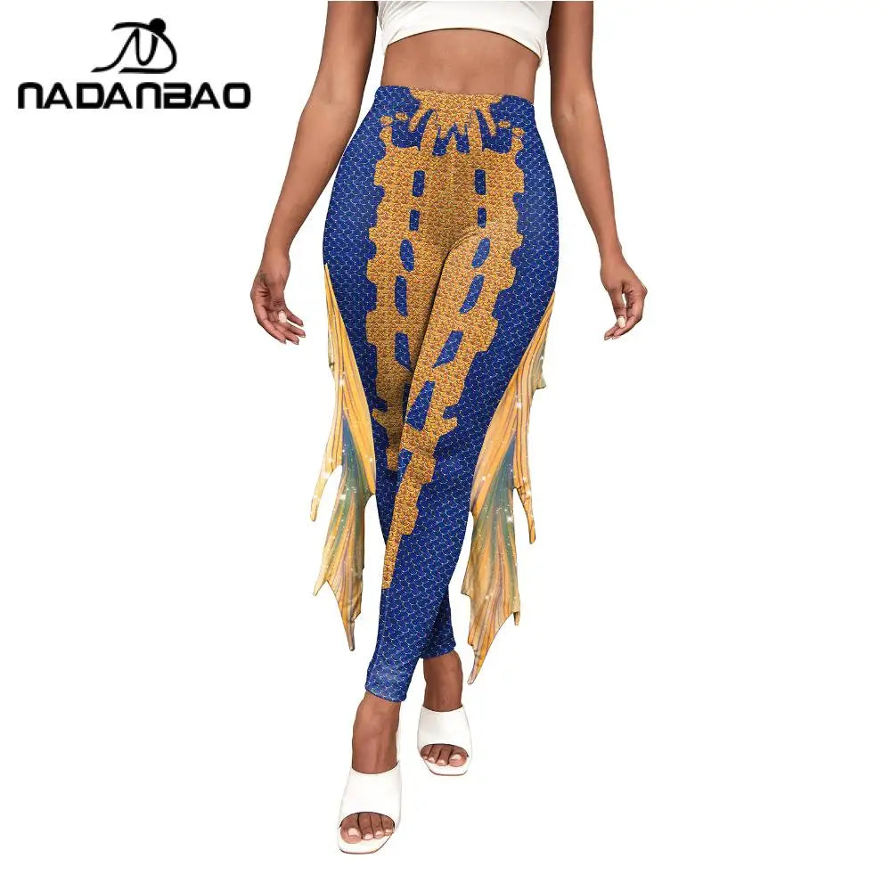 Nadanbao Colorful Mermaid Scale Print Fringe Leggings Women Fantasy Cosplay Pants Mid Waist Rave Party Tight Lady Fashion Bottom