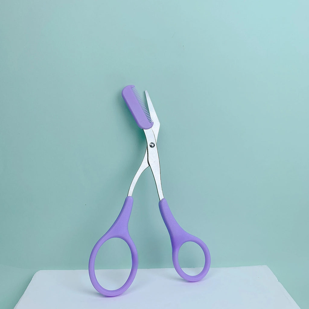 Pink eyebrow trimming scissors with built-in comb - stainless steel, precise grooming tool, creating perfect eyebrows