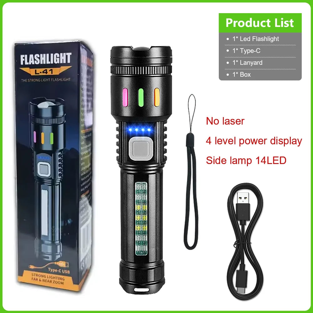 High Power Flashlight 18650 Battery Rechargeable LED Flashlight Waterproof Side Lamp Digital Display Torch Outdoor Camping Gift