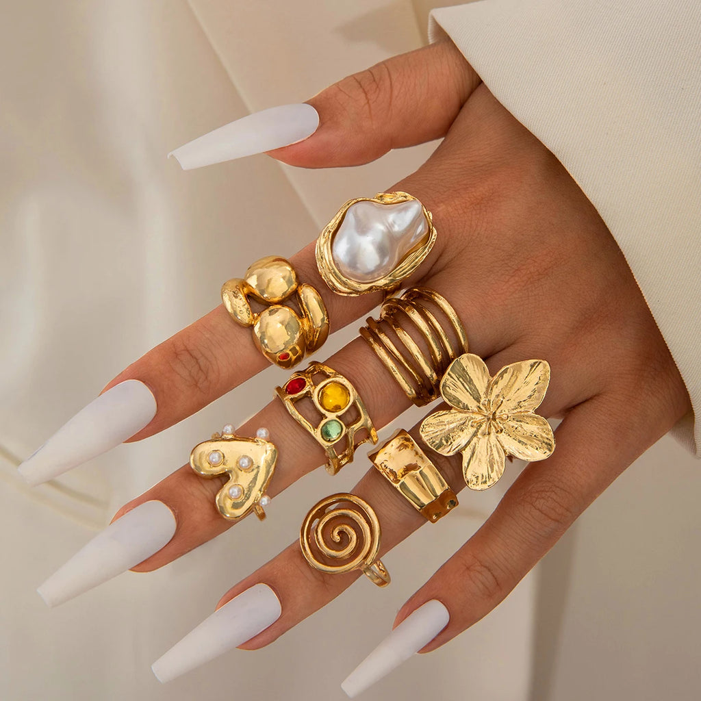 Tocona 2024 New Fashion Luxury Imitation Pearl Open Ring Sets for Women Elegant Gold Color Ring Party Jewelry Accessories