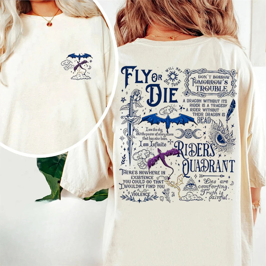 2 Side Patten Cotton Tee Basgiath War College Dragon Rider Retro Shirt Fourth Wing Riders Casual T-Shirt Fantasy Apparel Y2K Top