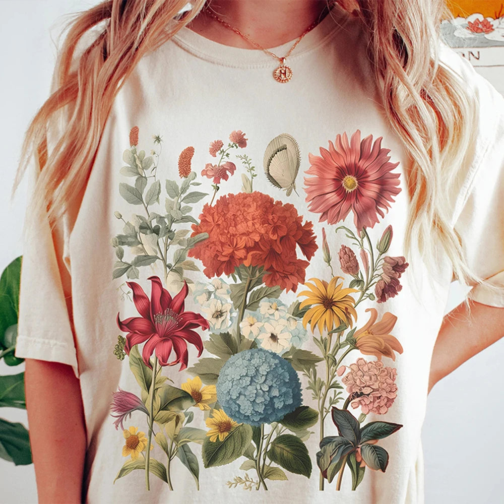 Boho Wildflowers Cottagecore Shirt Comfort Colors Retro Cotton Shirt Loose Fantasy Apparel Y2K Top Flowers Gift For Women