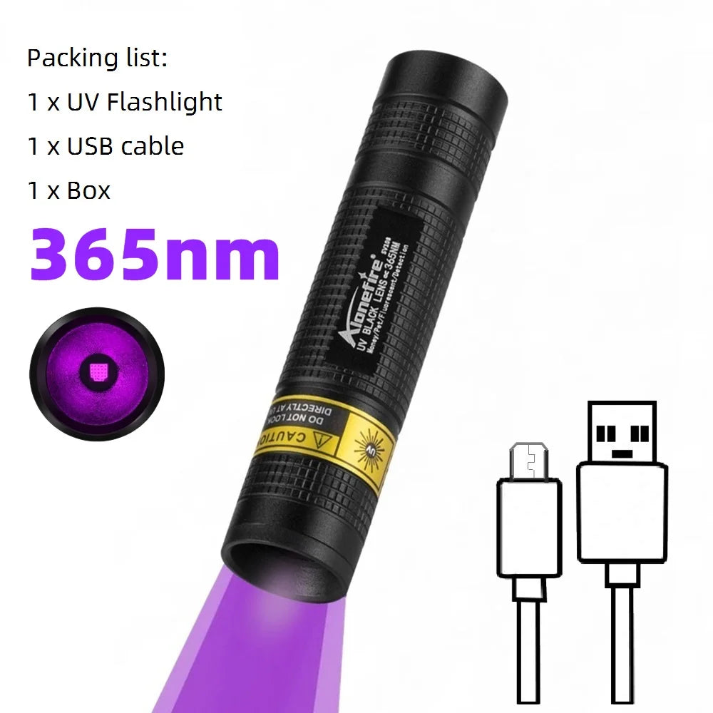 365nm Mini UV Led Blacklight Flashlight Usb Rechargeable Nail lamp Pet Stain Leakage Marker Ore Money Scorpion Detection Lights