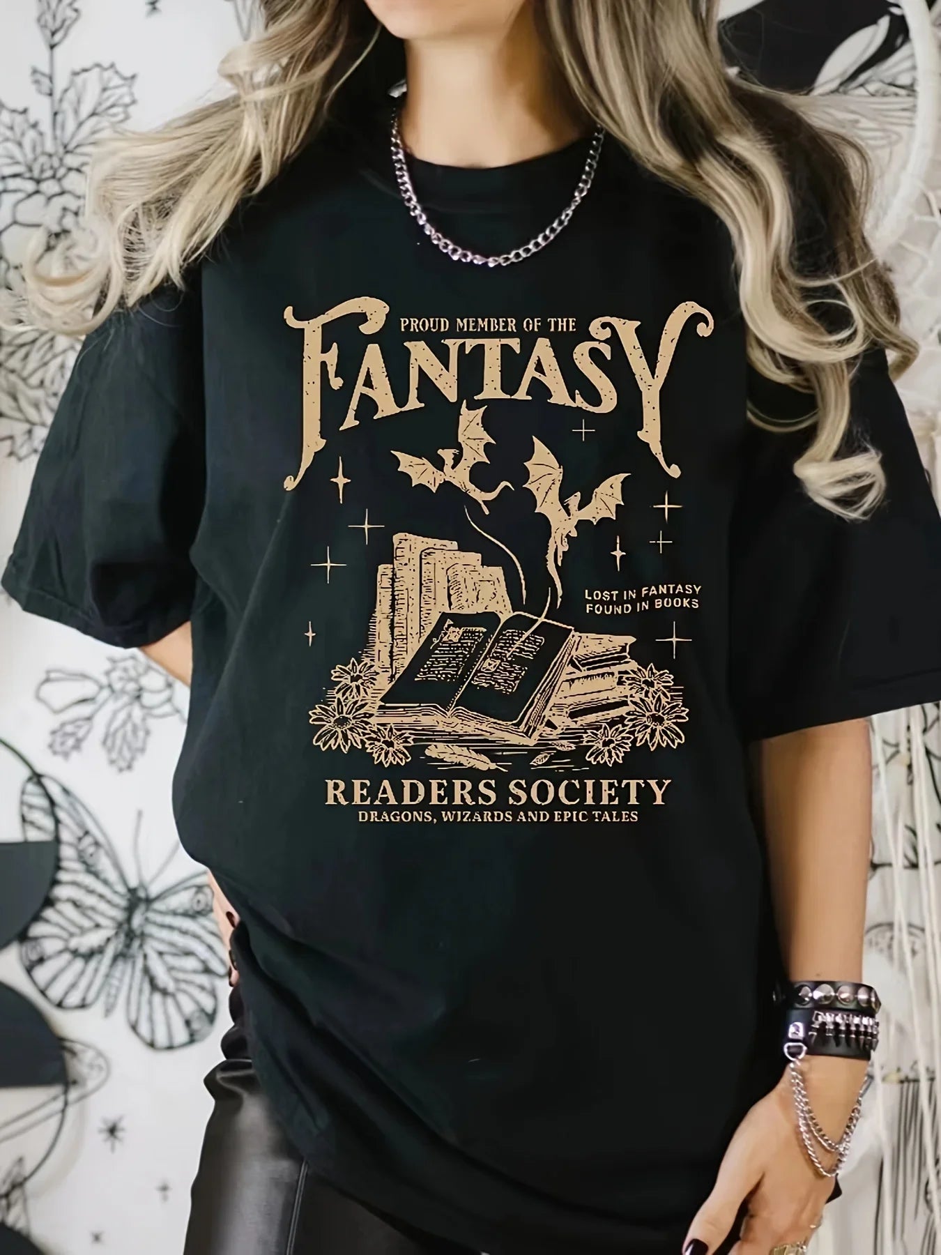 Women's Fantasy Readers Society Graphic T-Shirt Casual Round Neck Short Sleeve Tee with Slight Stretch Book Lovers Casualwear