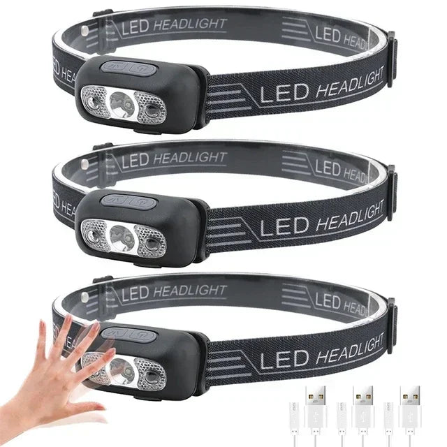 Strong Light Headlamp Portable LED Sensor Headlamp USB Rechargeable Head Flashlight Outdoor Camping Fishing Emergency Lantern