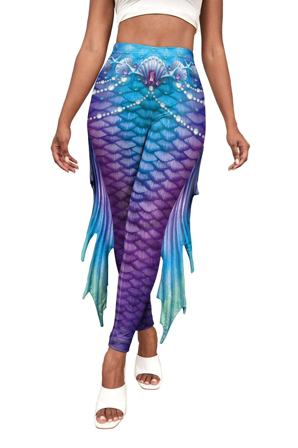 Nadanbao Colorful Mermaid Scale Print Fringe Leggings Women Fantasy Cosplay Pants Mid Waist Rave Party Tight Lady Fashion Bottom