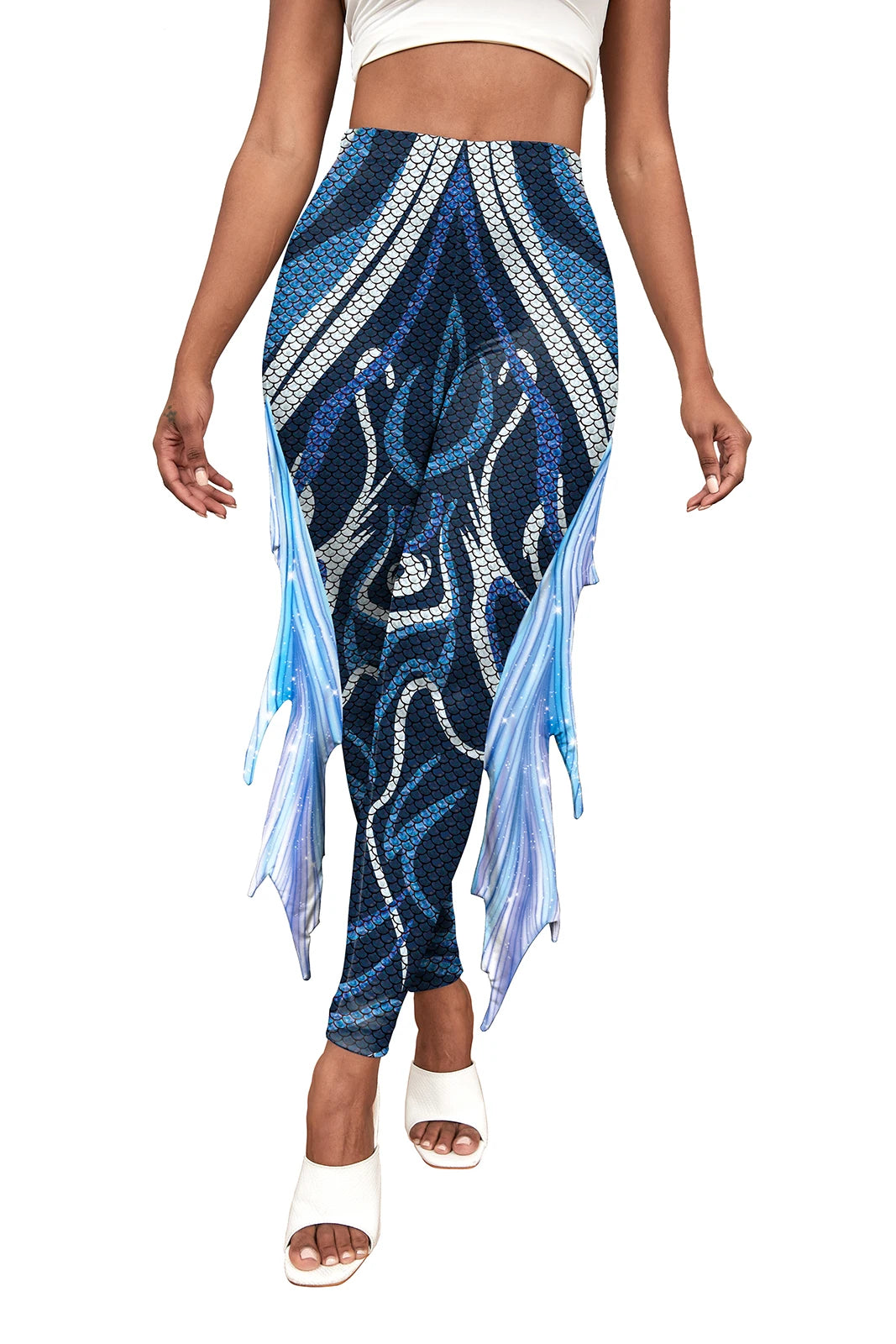 Nadanbao Colorful Mermaid Scale Print Fringe Leggings Women Fantasy Cosplay Pants Mid Waist Rave Party Tight Lady Fashion Bottom