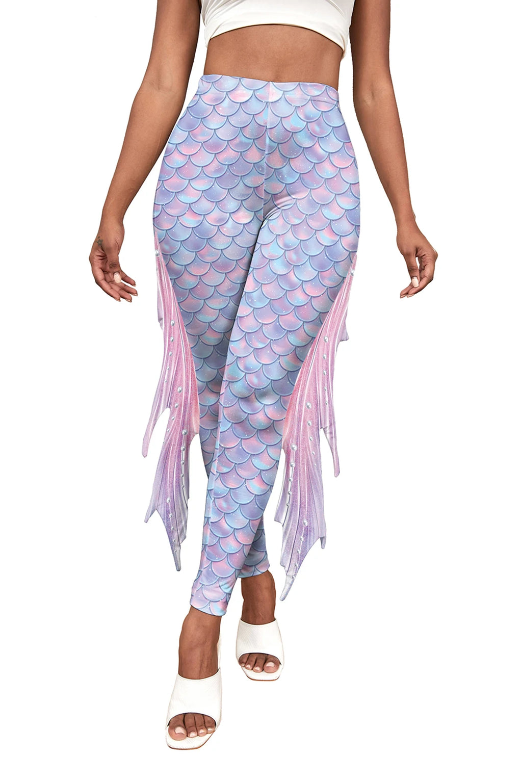 Nadanbao Colorful Mermaid Scale Print Fringe Leggings Women Fantasy Cosplay Pants Mid Waist Rave Party Tight Lady Fashion Bottom