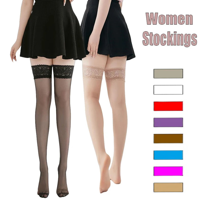 1pair Women Stocking Floral Lace Over Knee Thigh High Socks Female Wide Lace Flower Silicone Transparent Comfortable Sock High Quality
