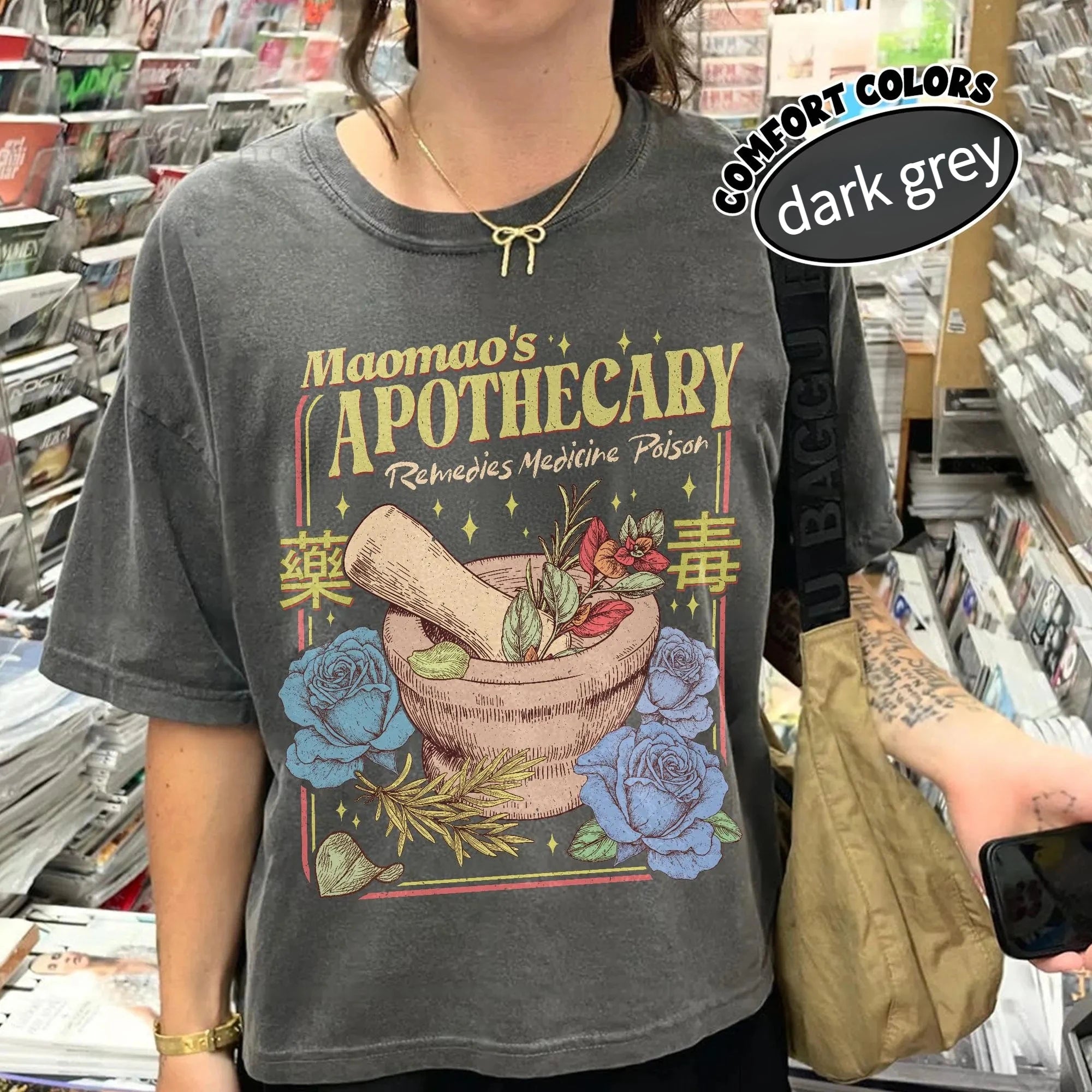 Maomao's APOTHECARY "Medicine Mound Blue Rose Retro Printed Oriental Herbal Fantasy Style" Loose Short Sleeved Women's T-shirt