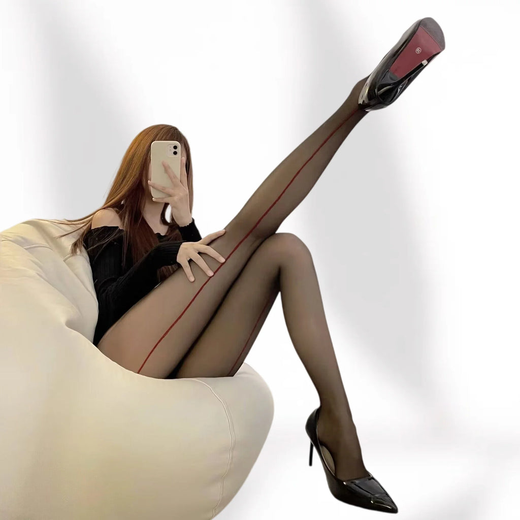 Red Shrimp Thread Black Stockings Vertical Stockings Female Sexy Black Stockings Seductive Ultra-thin Pantyhose Mesh Stockings