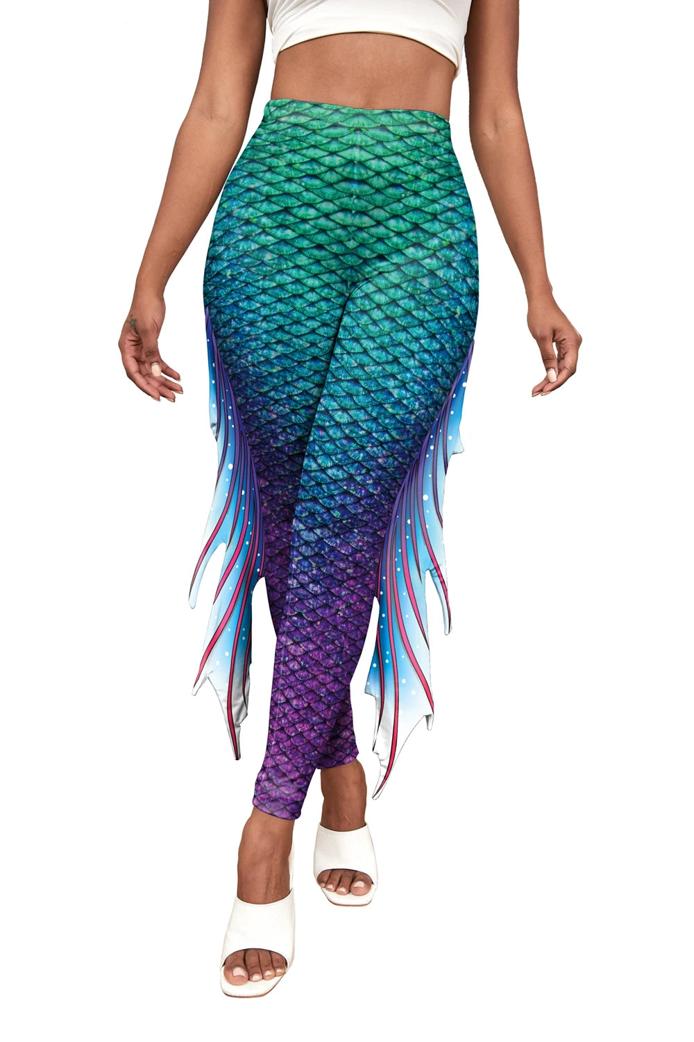 Nadanbao Colorful Mermaid Scale Print Fringe Leggings Women Fantasy Cosplay Pants Mid Waist Rave Party Tight Lady Fashion Bottom