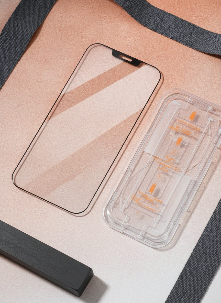 Close-up flat-lay of an 8K high-end tempered glass iPhone screen protector and its alignment mounting cover on a warm, clean 